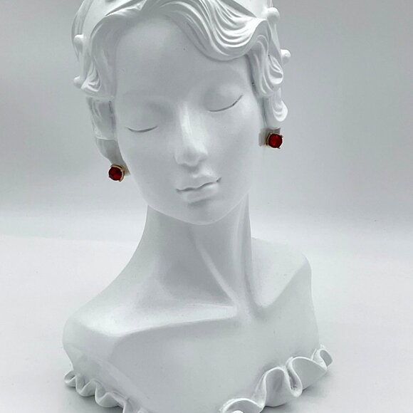 Ruby Red Rhinestone Round Cut Gold Tone Pierced Stud Earrings 0.25in - Picture 3 of 4